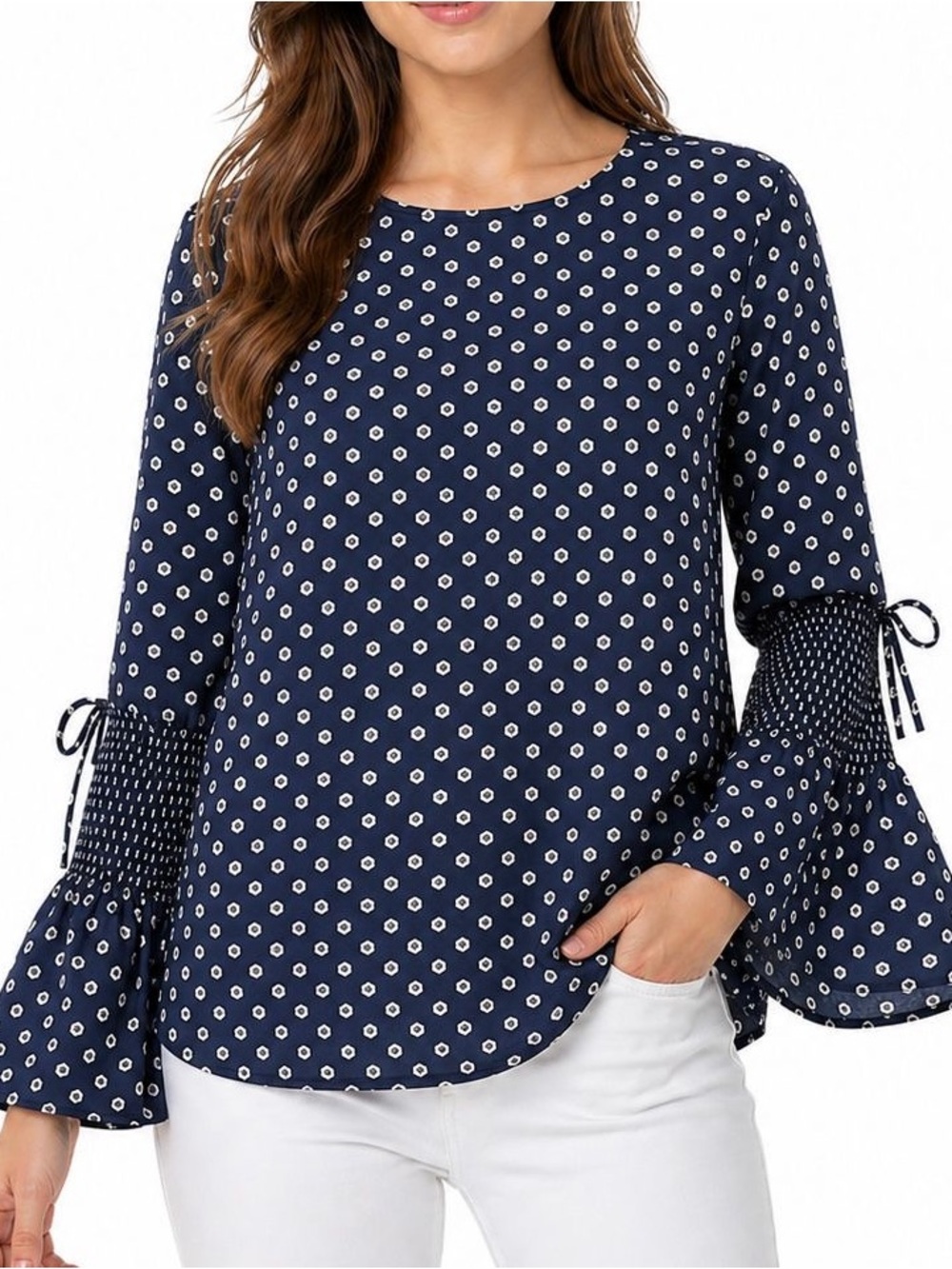 Current Air Top Womens L Navy White Jacquard Hexagon Flare Sleeve Parisian Chic